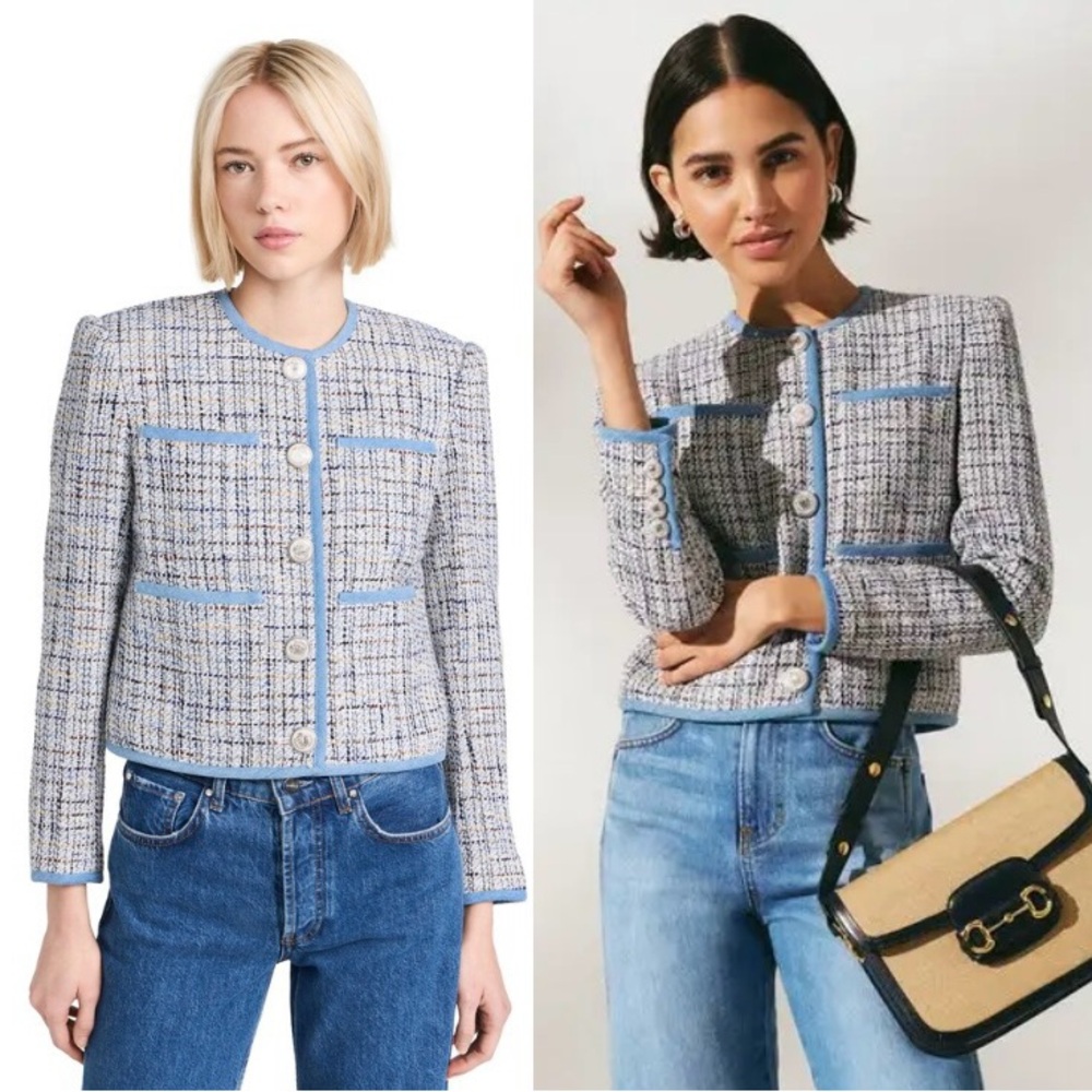 NEW! Veronica Beard Darla Tweed Blue Multi Collarless Button Up Jacket Size 00